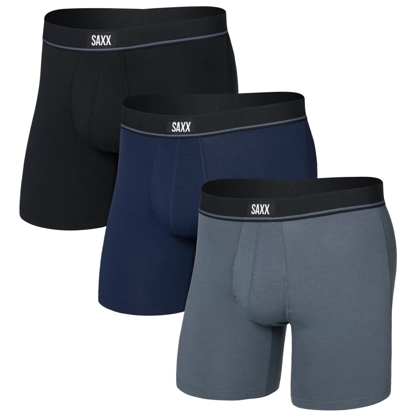 Мъжко синтетично термобельо Saxx Essential Cotton Boxer Brief Fly 3-Pack Everyday base layer - Black / Turbulence / Maritime