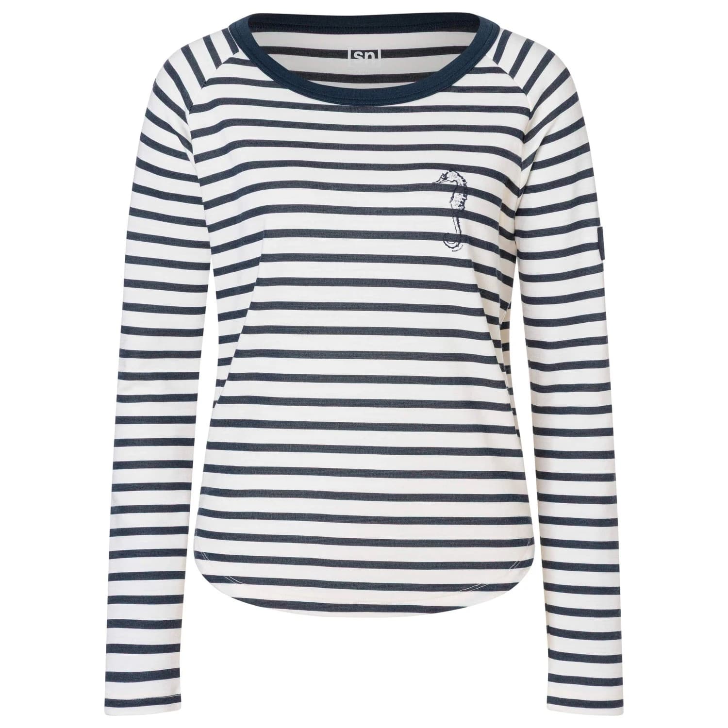 Дамски вълнен пуловер super.natural Women's Sea Horse Stripe Bio Crew Merino longsleeve - Fresh White / Navy Stripe / Salute