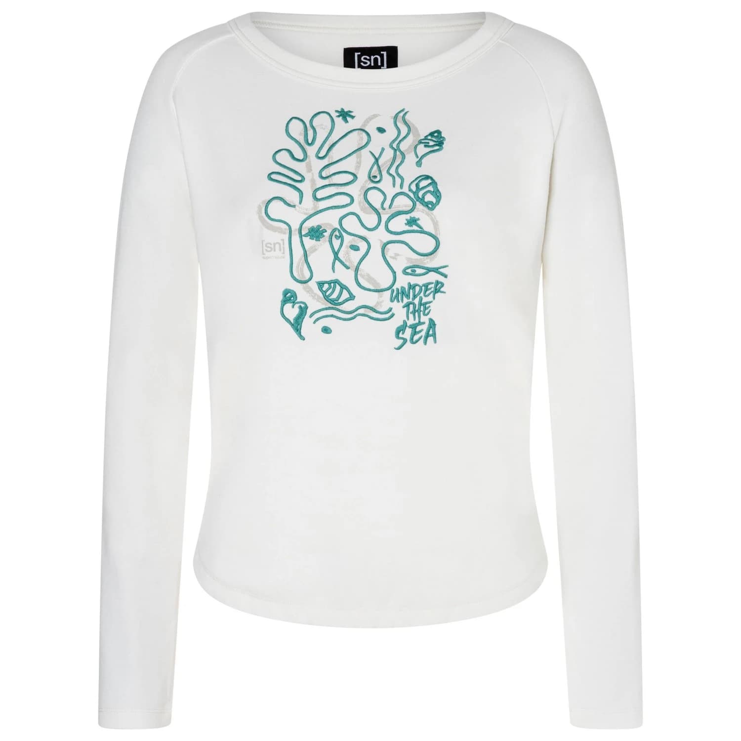 Дамски вълнен пуловер super.natural Women's Under The Sea Crew Longsleeve - Fresh White / White Stone / Lagoon Green