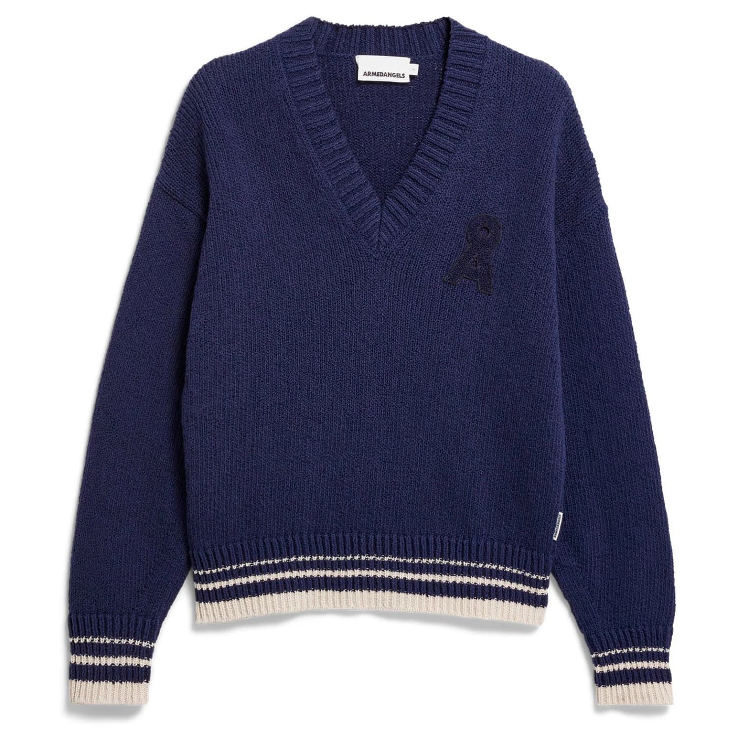 Дамски пуловер ARMEDANGELS Women's Iconic Å College Knit Sweater Jumper - Tinted Navy / Oatmilk