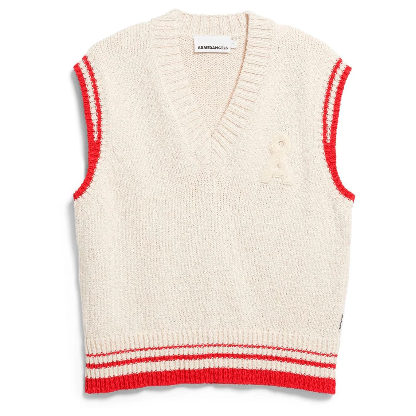 Дамски пуловер ARMEDANGELS Women's Iconic Å College Knit Vest Jumper - Oatmilk / Mars Red