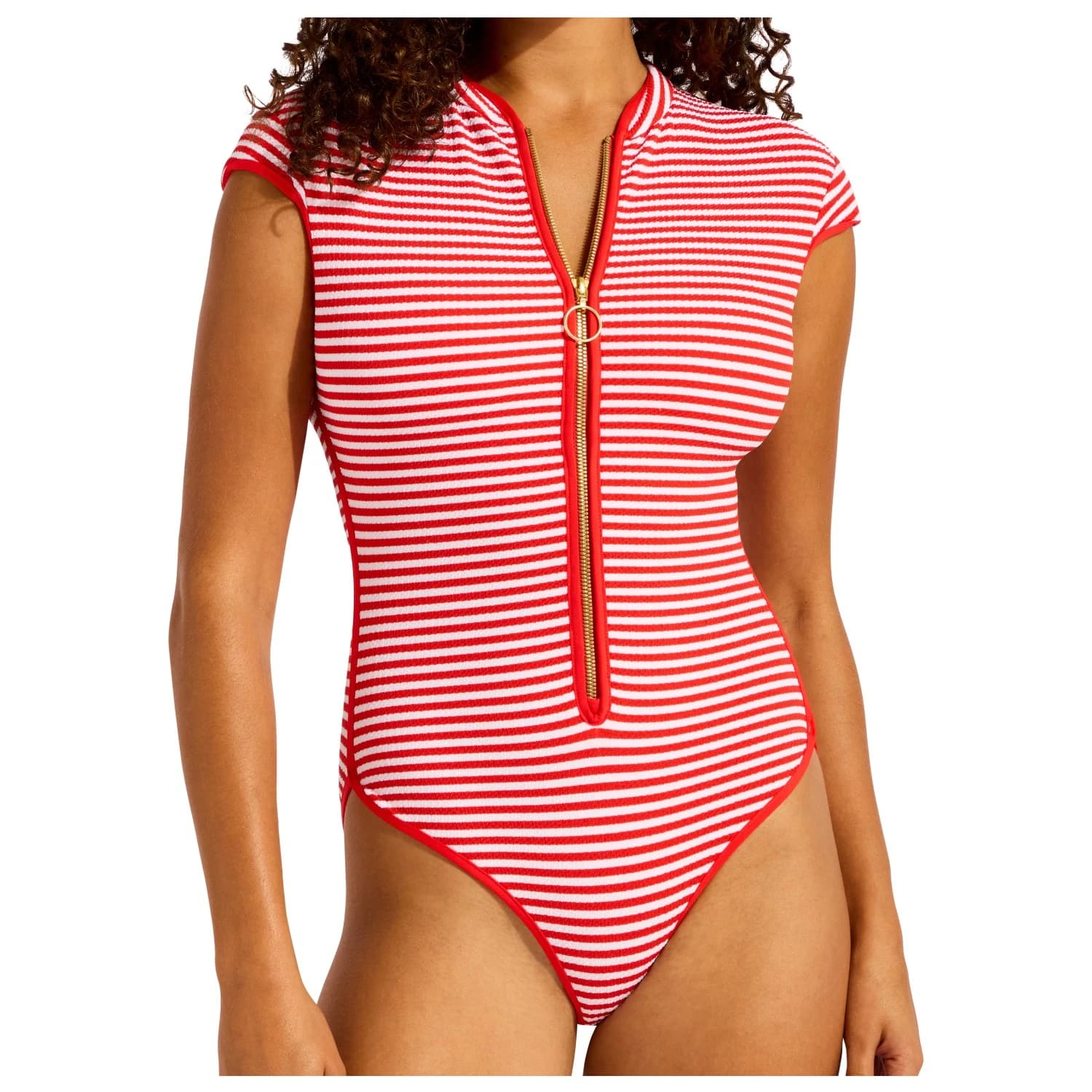 Дамски бански костюм Seafolly Clubhouse Cap Sleeve Zip Front One Piece Swimsuit - Flame