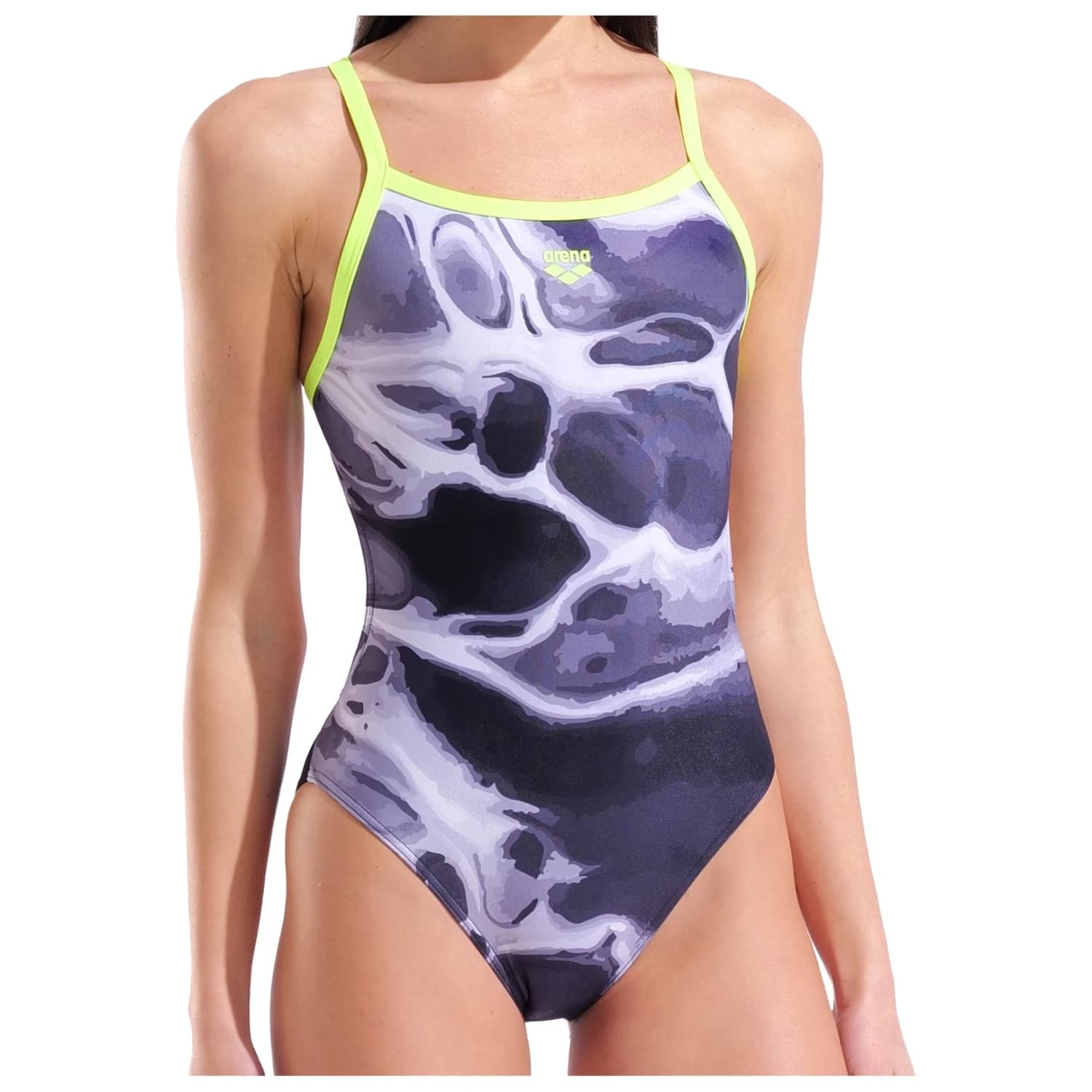 Дамски бански костюм Arena Women's Earth Swimsuit Challenge Back Swimsuit - Black Multi / Black / Artic Lime