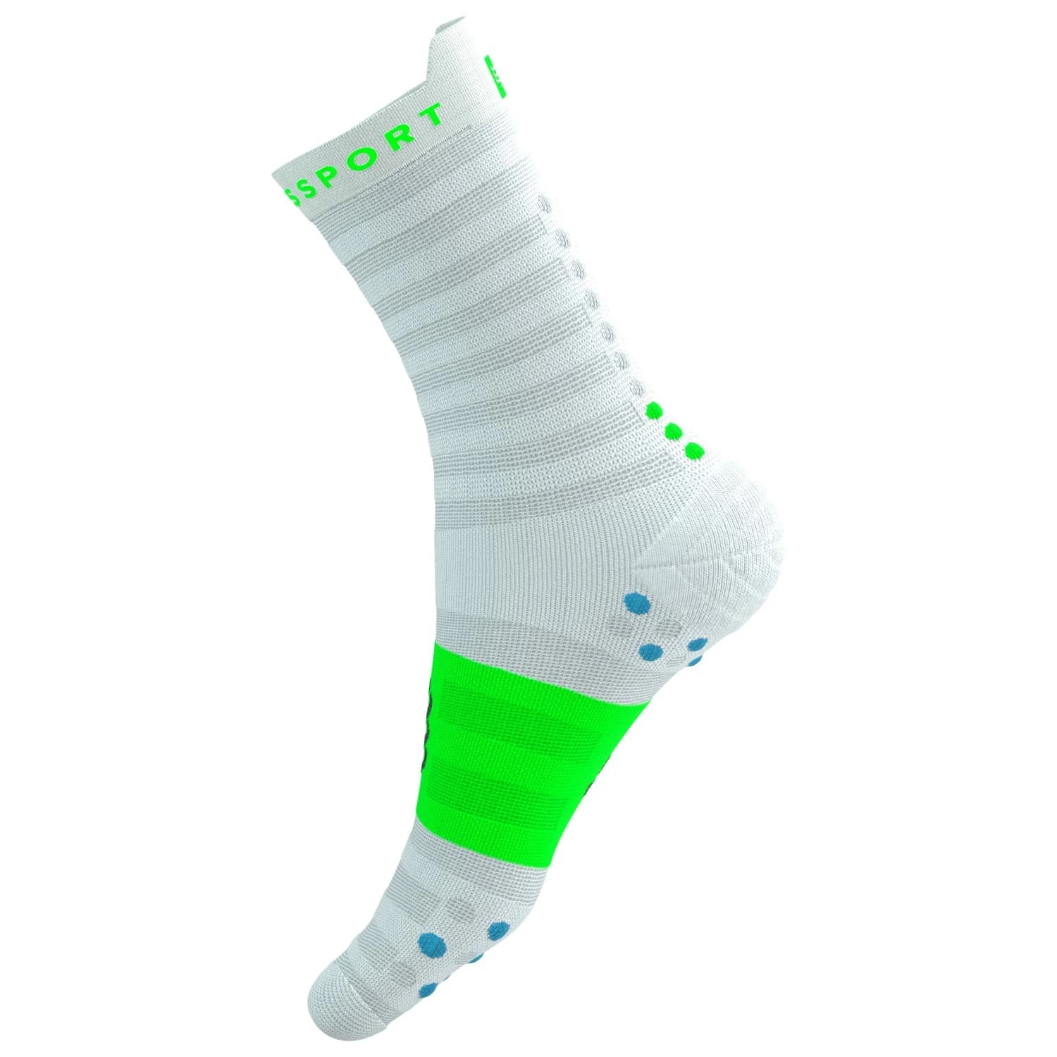 Чорапи за бягане Compressport Pro Racing Socks V4.0 Ultralight Run High Running socks - White / Norse Blue / Neon Green