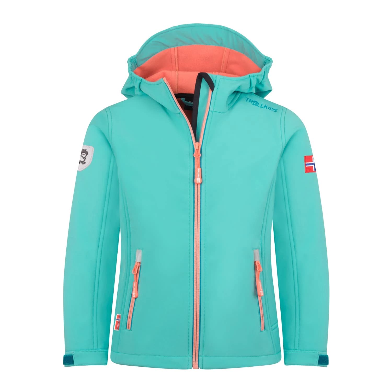 Детско софтшел яке Trollkids Girl's Trollfjord Jacket Softshell jacket - Aqua Haze / Harbor Blue / Mellow Peach