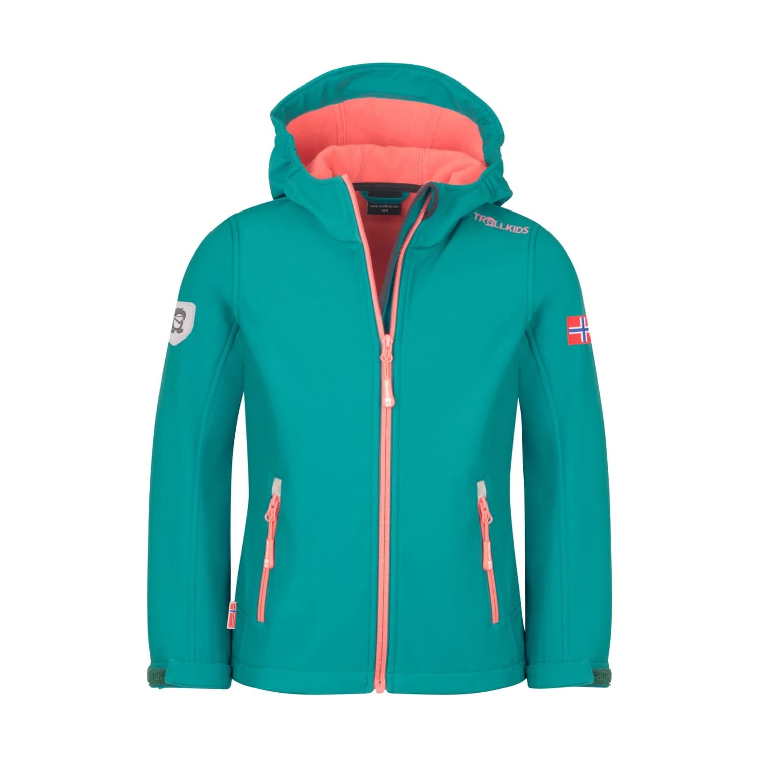 Детско софтшел яке Trollkids Girl's Trollfjord Jacket Softshell jacket - Ocean Green / Coral Pink / Midnight Petrol