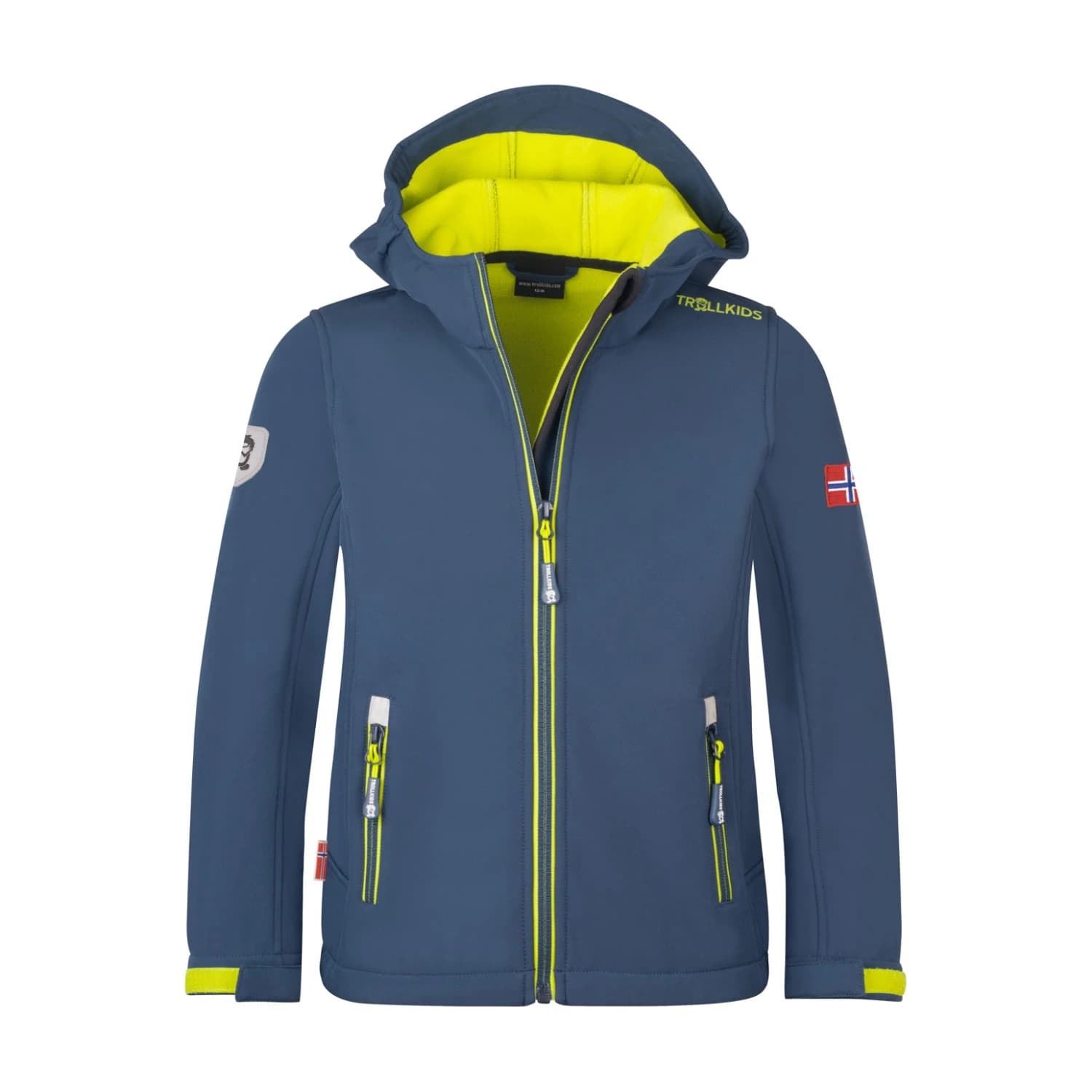 Детско софтшел яке Trollkids Kid's Trollfjord Jacket Softshell jacket - Mystic Blue / Glow Green