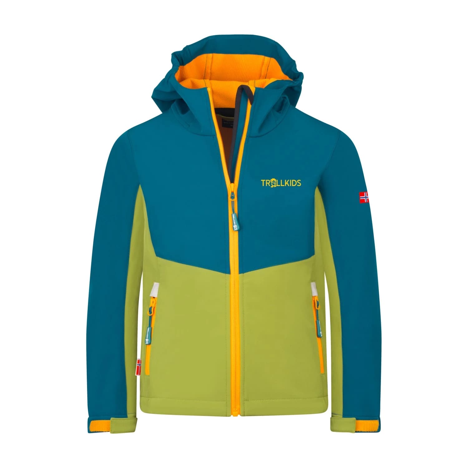 Детско софтшел яке Trollkids Kid's Kristiansand Jacket Softshell jacket - Pear Green / Lagoon Green / Sahara Sunset