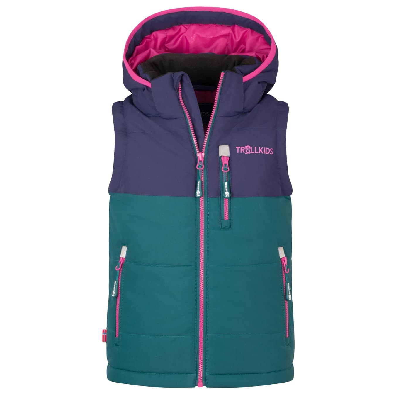 Детски синтетичен елек Trollkids Kid's Narvik Vest XT Synthetic vest - Midnight Petrol / Deep Violet / Dark Pink