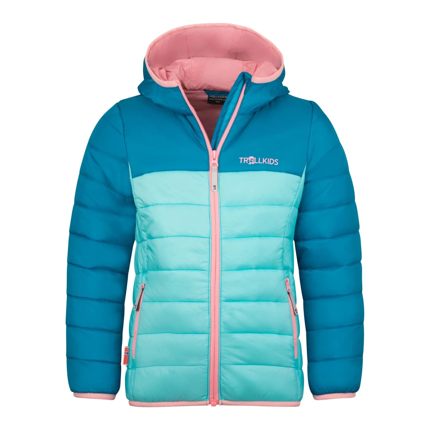 Детско синтетично яке Trollkids Girl's Eikefjord Jacket Synthetic jacket - Aqua Haze / Harbor Blue / Peony Rose