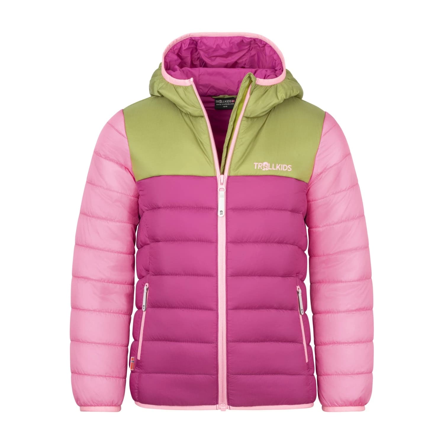 Детско синтетично яке Trollkids Girl's Eikefjord Jacket Synthetic jacket - Hedge Green / Fresh Berry / Candy Pink