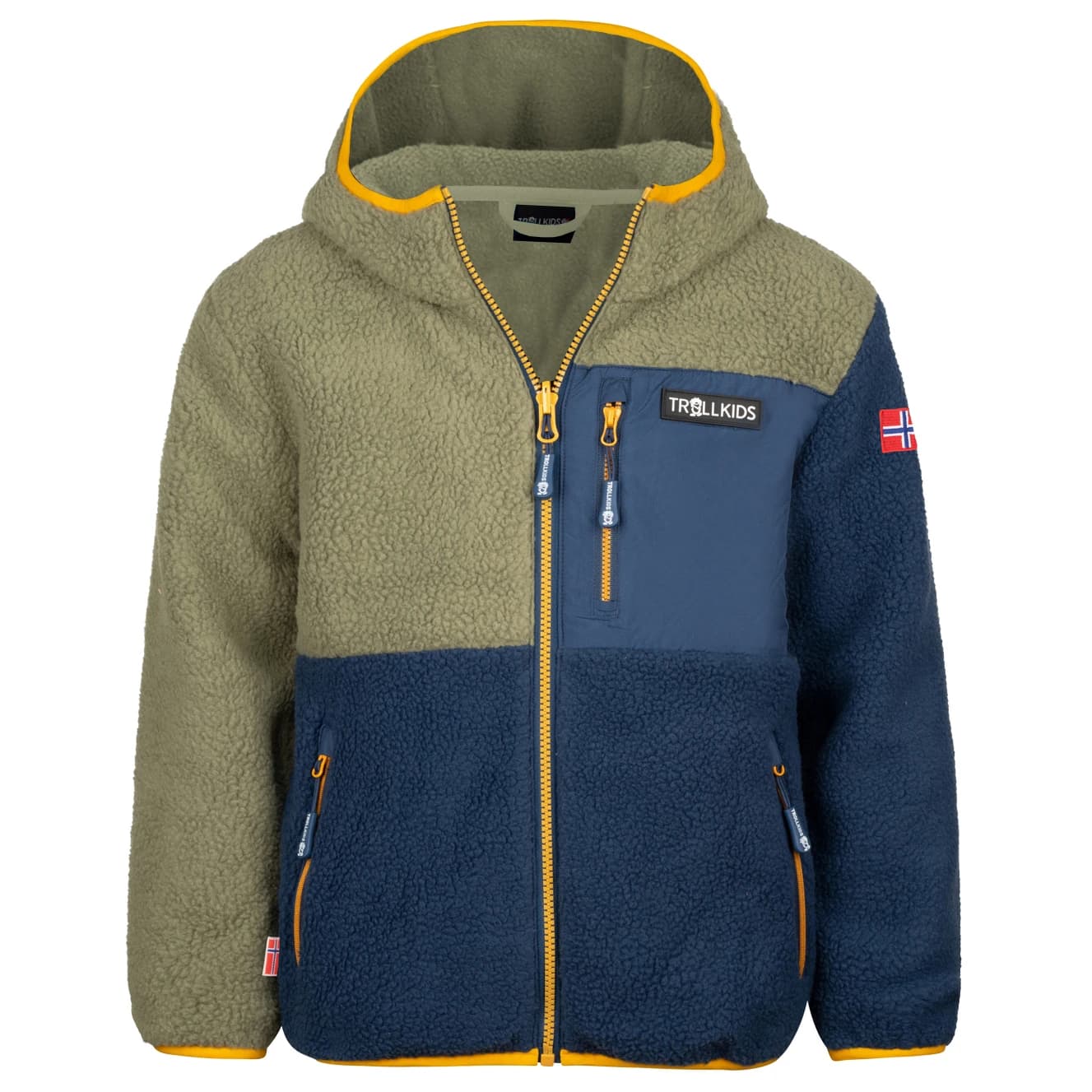 Детско поларено яке Trollkids Kid's Aurlandsfjord Jacket Fleece jacket - Moss / Mystic Blue / Golden Yellow