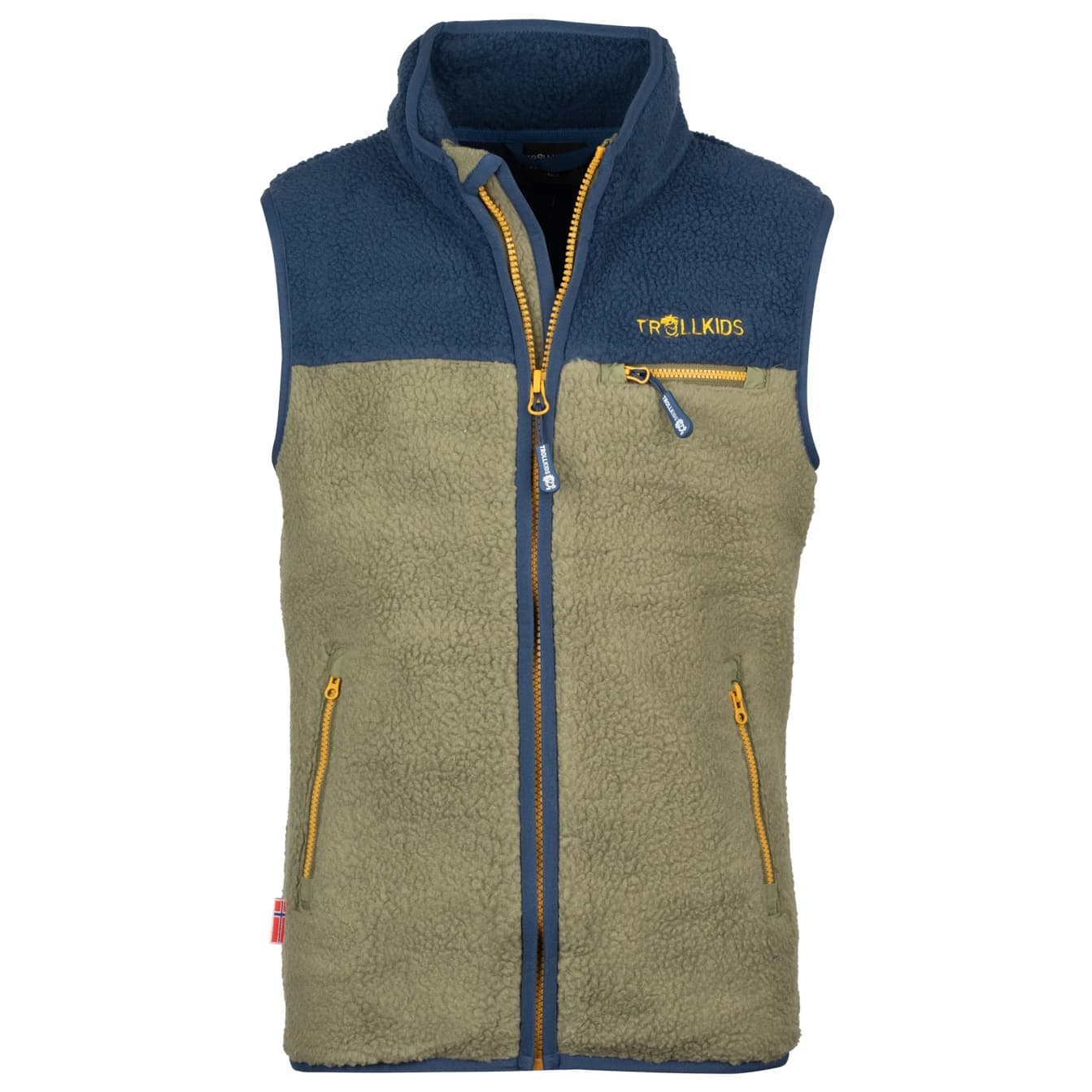 Детски поларен елек Trollkids Kid's Hemsedal Vest Fleece vest - Moss / Mystic Blue / Golden Yellow