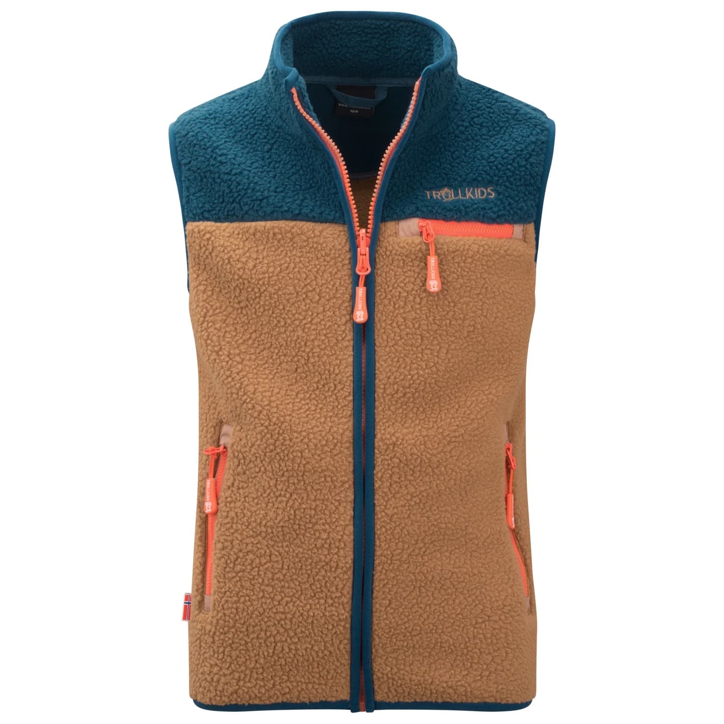 Детски поларен елек Trollkids Kid's Hemsedal Vest Fleece vest - Almond / Madeira Blue / Deep Orange