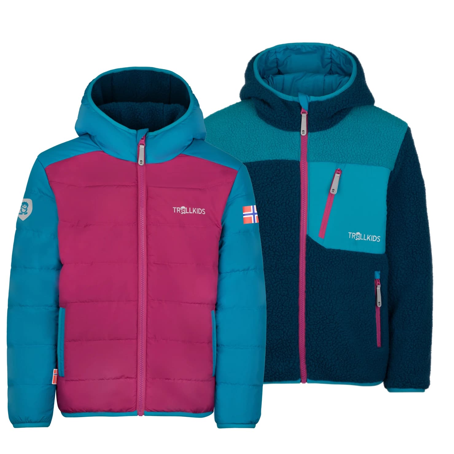 Детско поларено яке Trollkids Kid's Sandvika Turnover Jacket Fleece jacket - Bright Berry / Dark Turquoise / Madeira Blue