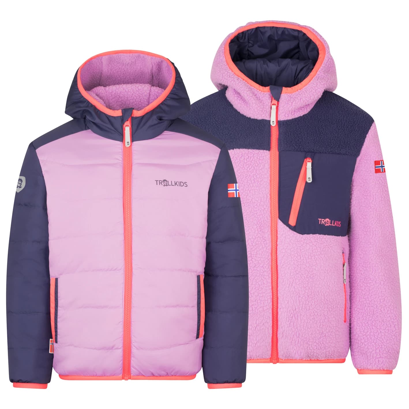 Детско поларено яке Trollkids Kid's Sandvika Turnover Jacket Fleece jacket - Light Violet / Deep Violet / Coral Pink