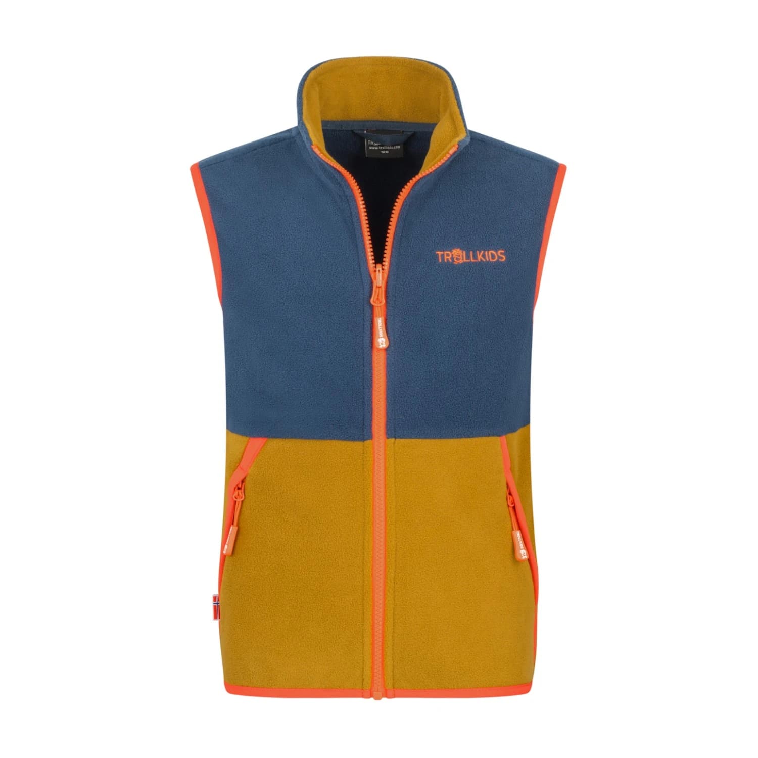 Детски поларен елек Trollkids Kid's Kjerag Vest Fleece vest - Bronze / Mystic Blue / Flame Orange