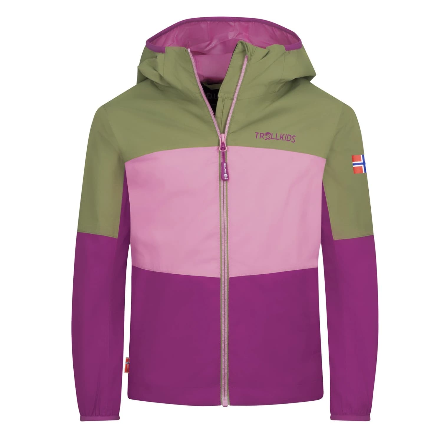Детско водоустойчиво яке Trollkids Kid's Bjordal Jacket Waterproof jacket - Hedge Green / Candy Pink / Fresh Berry