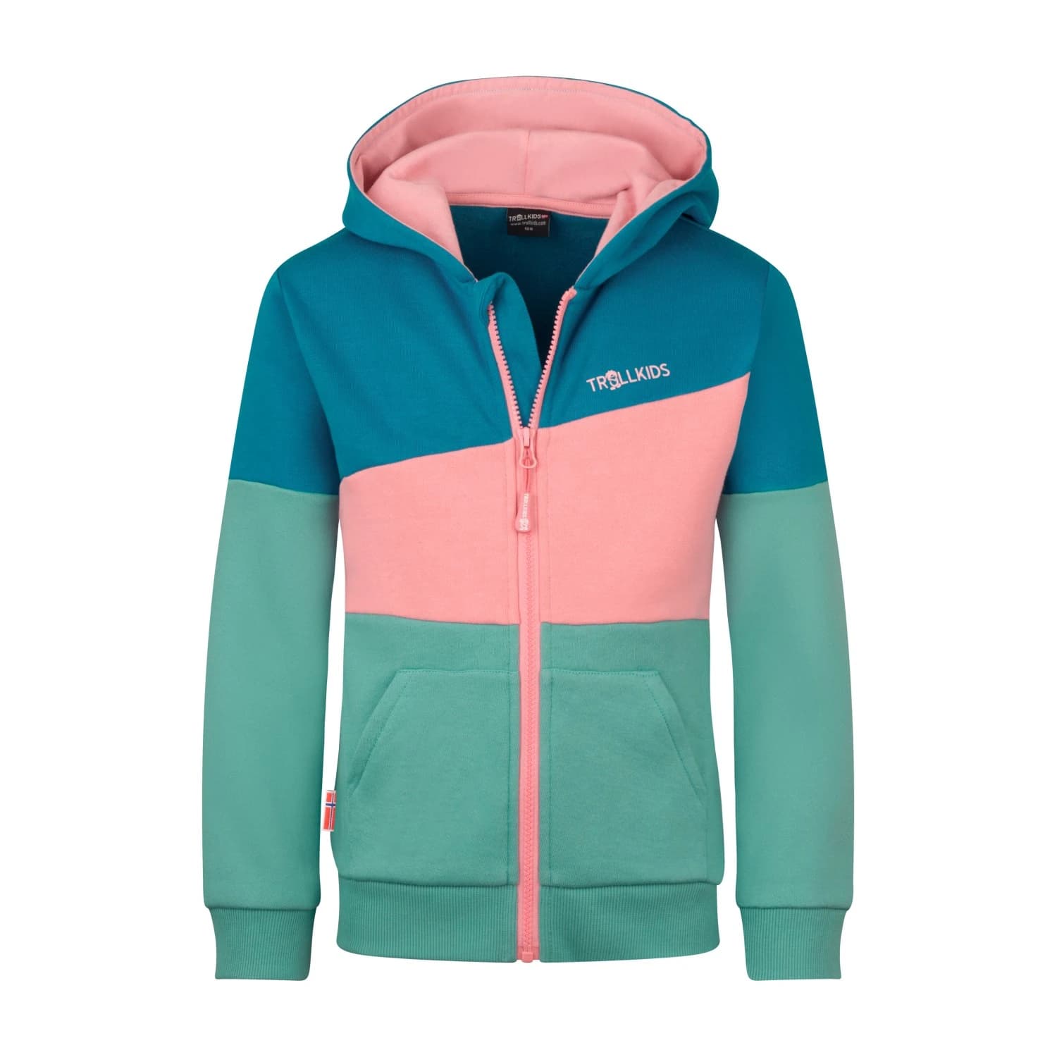 Детско яке за тренировка Trollkids Kid's Alesund Sweater Hoodie - Aqua Haze / Harbor Blue / Peony Rose