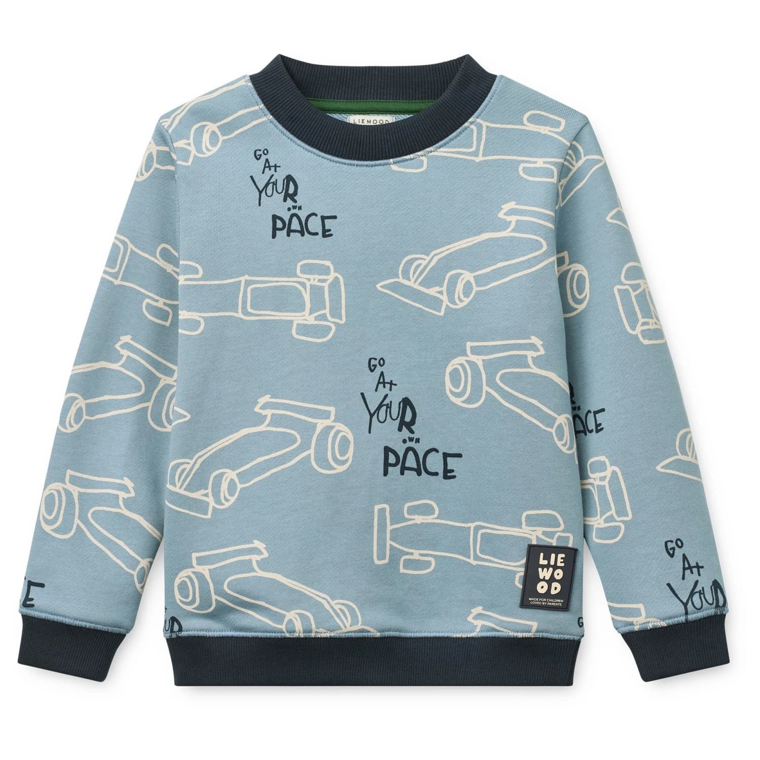 Детски пуловер LIEWOOD Kid's Ridley Printed Sweatshirt Jumper - Race Cars / Beach Blue