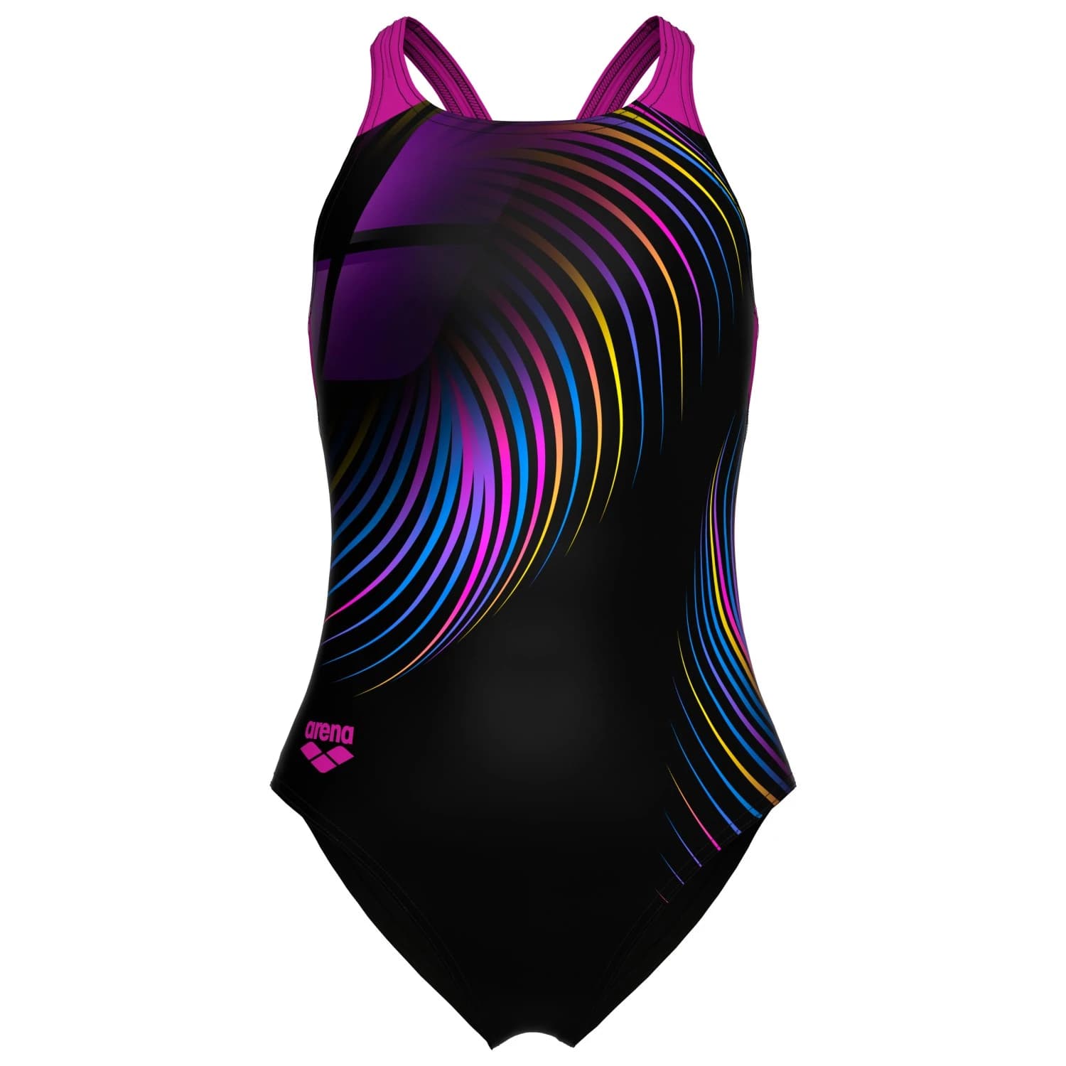 Бански костюм Arena Girl's Pinwheel Swimsuit V Back Swimsuit - Black Multi / Black / Very Fuchsia
