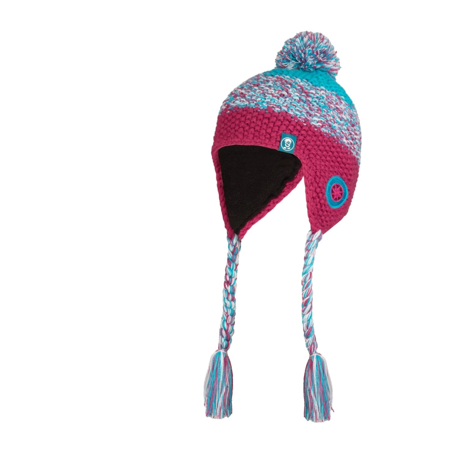 Детска зимна шапка (beanie) Trollkids Girl's Borgund Bobble Cap Beanie - Bright Berry / Dark Turquoise