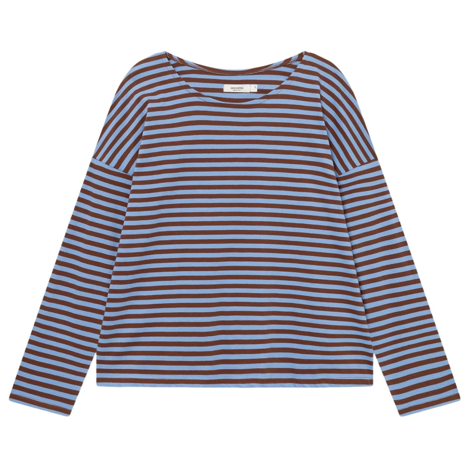 Дамска блуза с дълъг ръкав DEDICATED Women's Top Humledal Stripes Longsleeve - Cappuccino Brown / Cornflower Blue