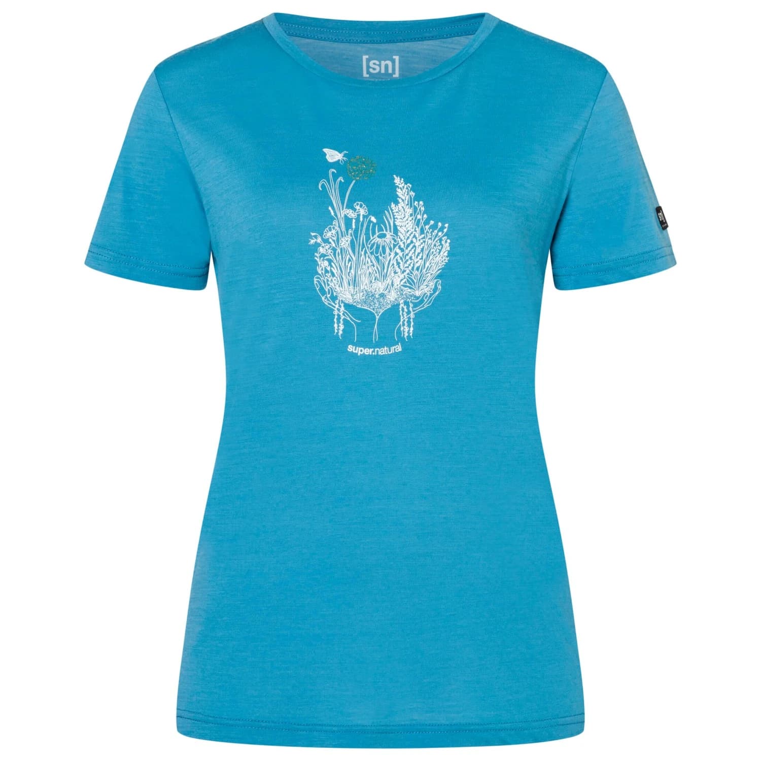 Дамска мериносова блуза super.natural Women's Flowerhands Tee Merino shirt - Blue Heaven / Feather Grey / Tobacco Glitter