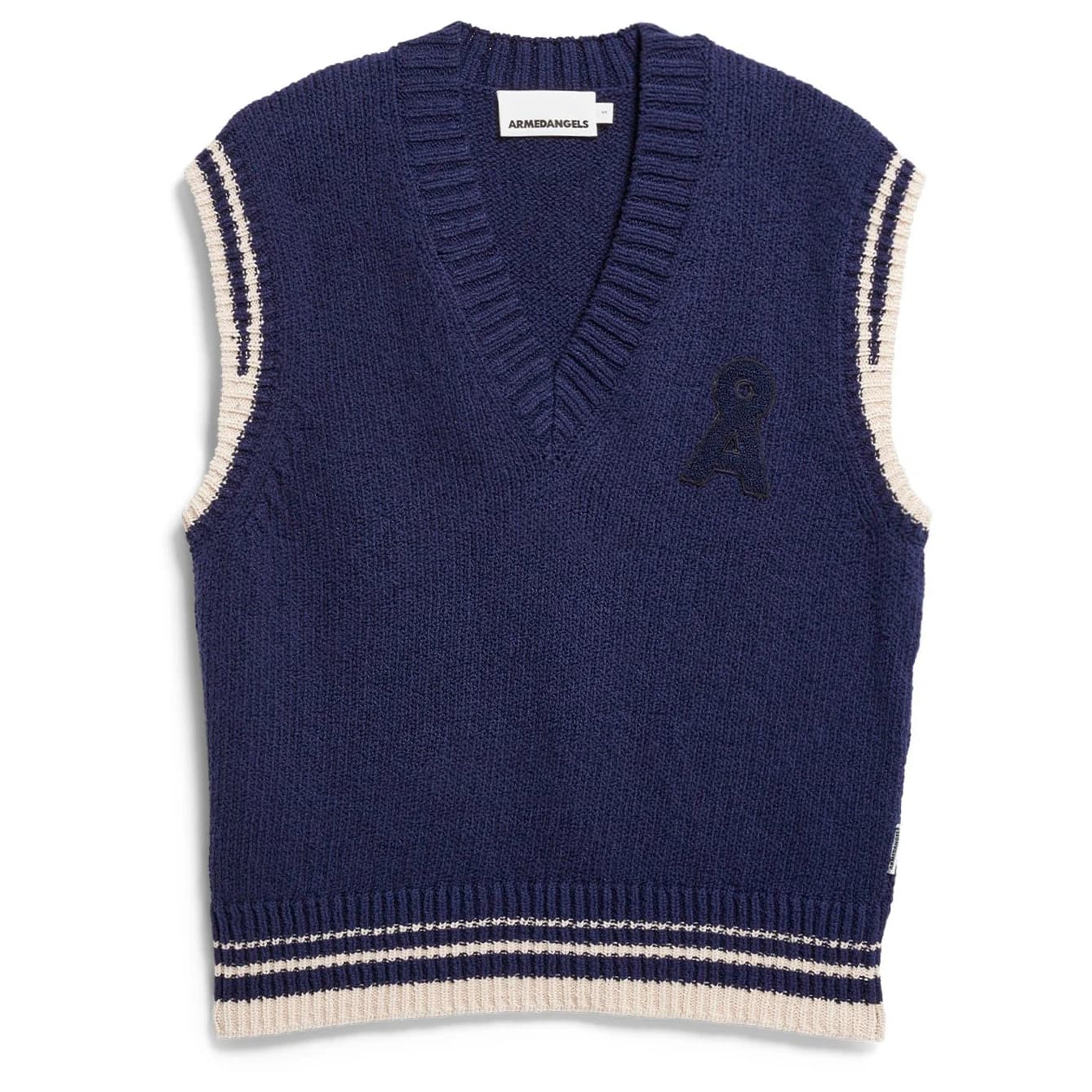 Дамски пуловер ARMEDANGELS Women's Iconic Å College Knit Vest Jumper - Tinted Navy / Oatmilk