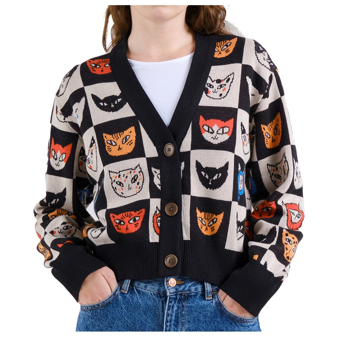 Дамски пуловер DEDICATED Women's Cardigan Kanan Cat Bingo Cardigan - Black