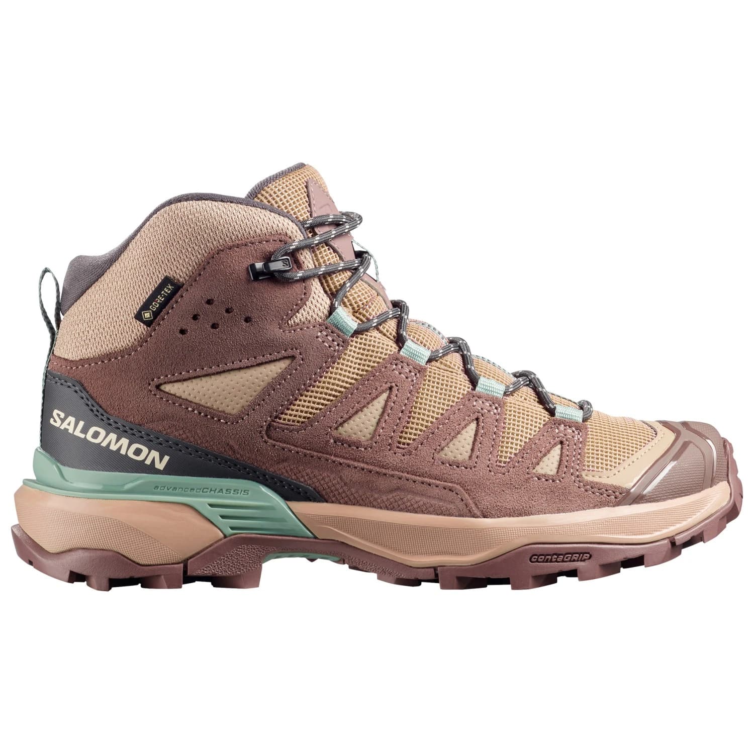 Дамски туристически обувки Salomon Women's X Ultra 360 Leather Mid GORE-TEX Walking boots - Desert Tan / Iron / Green Milieu