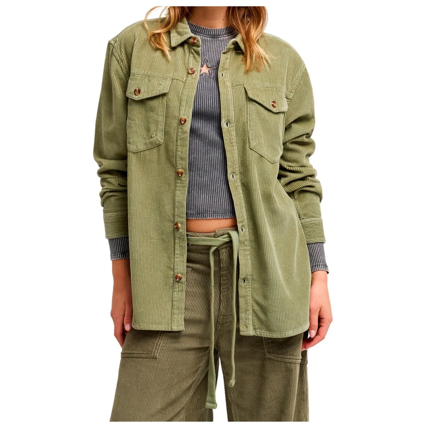 Дамска риза с копчета Roxy Women's Let It Go Cord Shirt - Oil Green