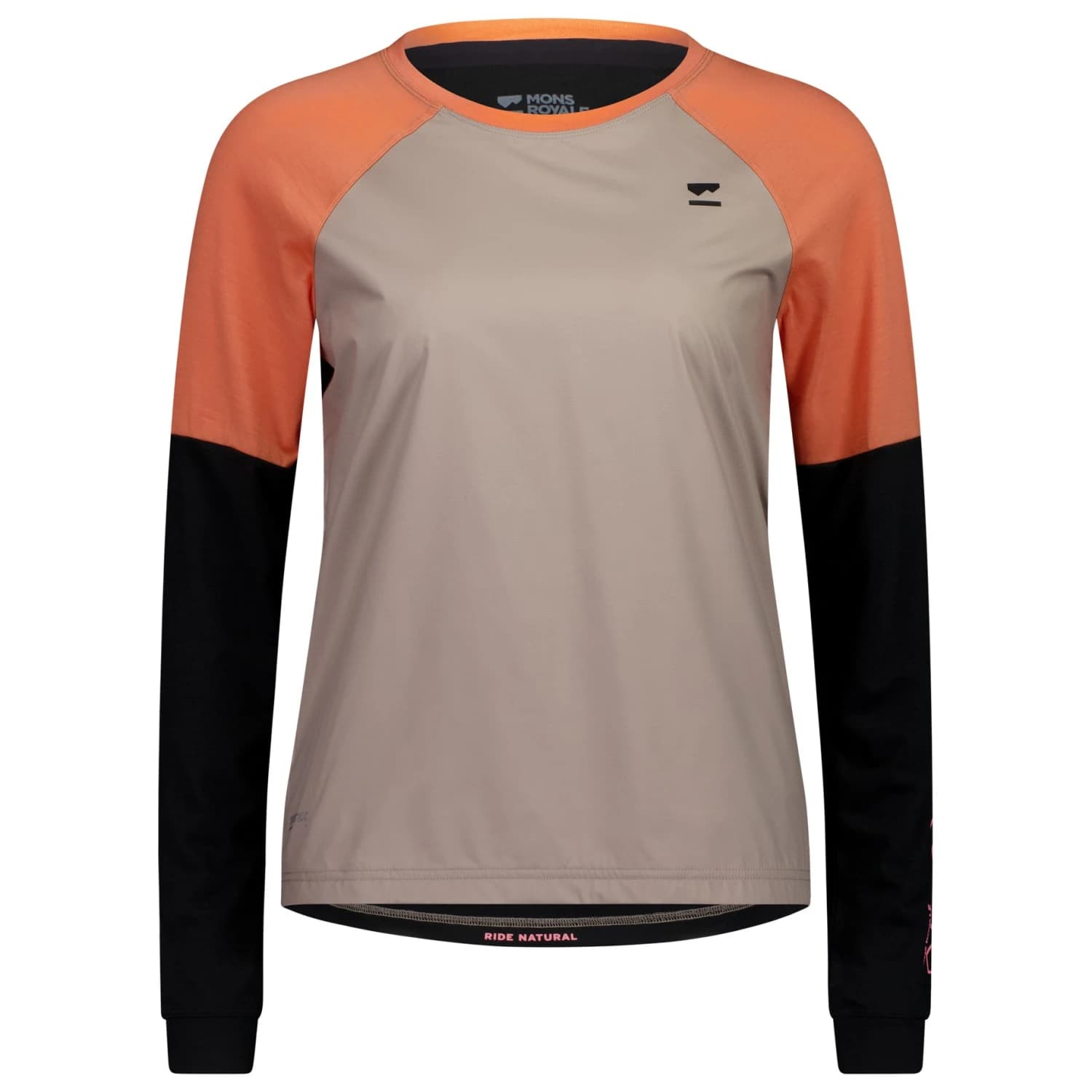 Дамска фланелка с дълъг ръкав за колоездене Mons Royale Women's Tarn Merino Bike Wind Jersey Cycling jersey - Cinder / Sun Orange / Black