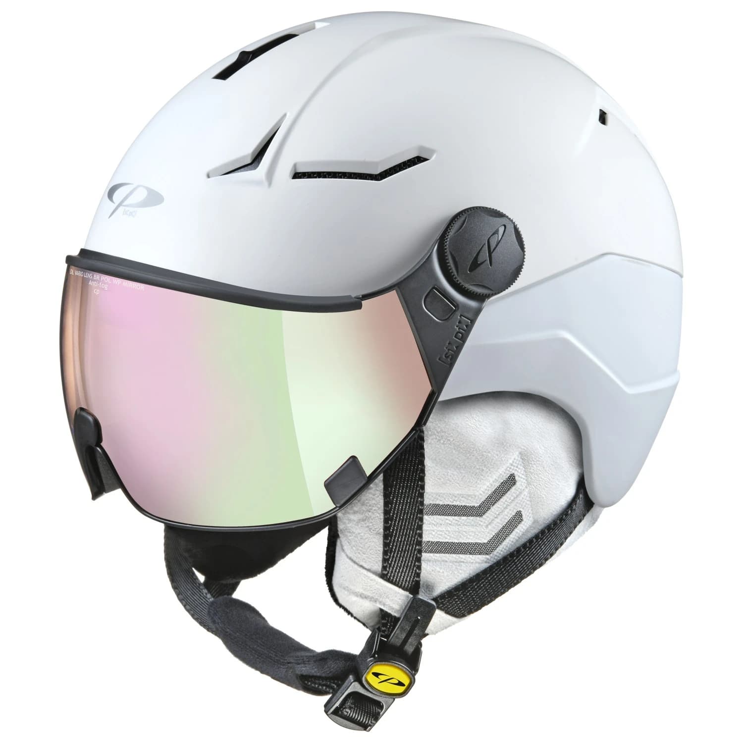Дамска ски каска Cp helmets Women's Coya+ Ski helmet - Snowwhite Soft Touch / Glas: Vario WP Mirror