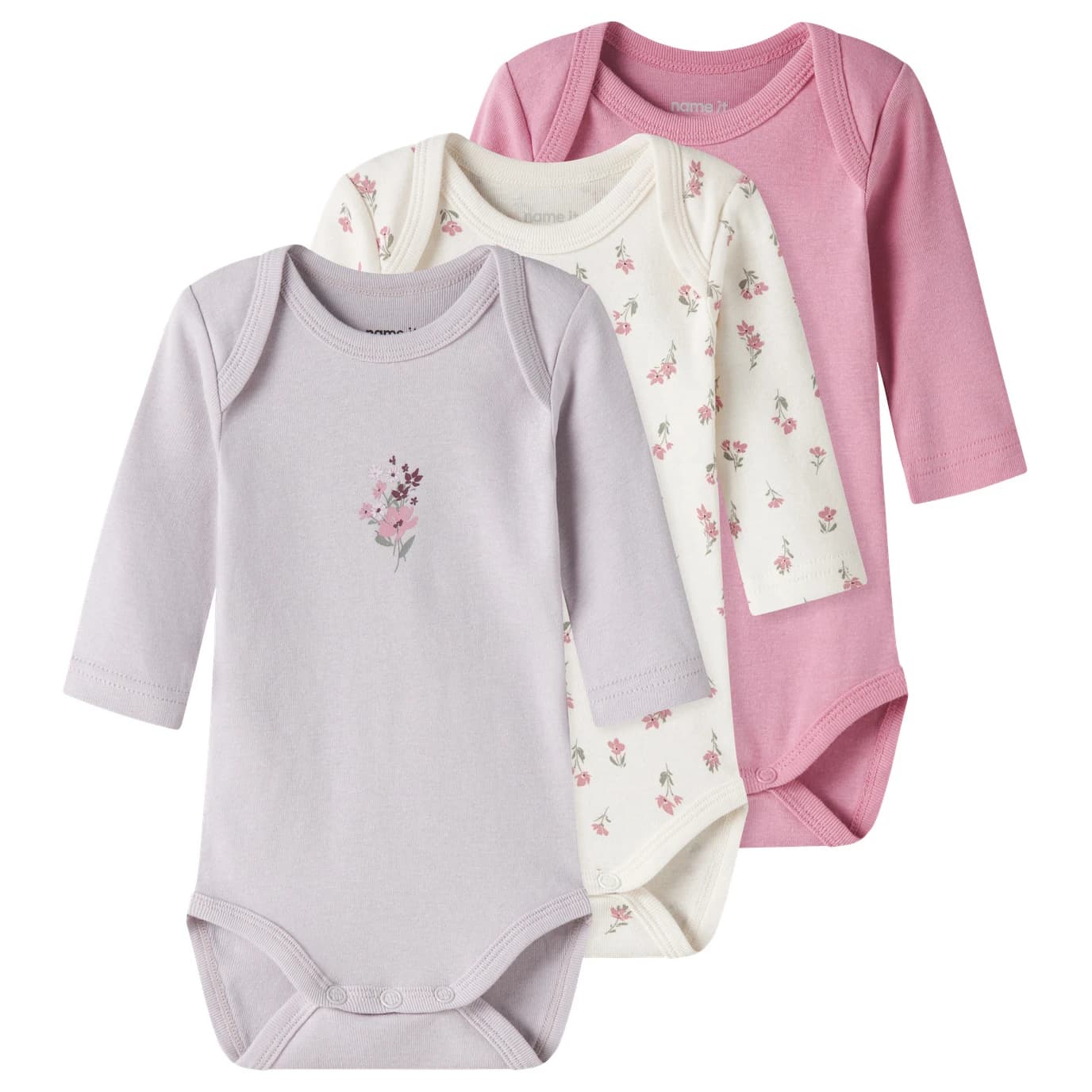 Детско синтетично термобельо Name it Kid's Body L/S Flower 3-Pack Everyday base layer - Jet Stream / Lilac Marble / Cashmere Rose