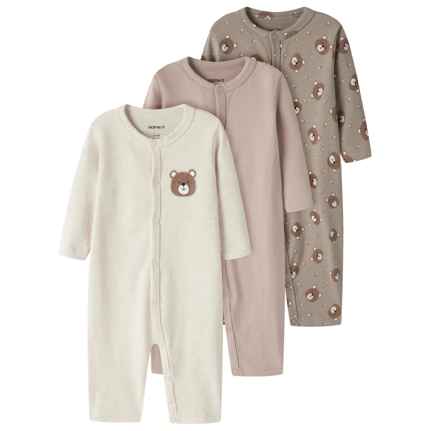 Детско ежедневно термо бельо Name it Kid's Nightsuit 3-Pack Everyday base layer - Vintage Khaki Bear AOP / Peyote Melange / Mushroom
