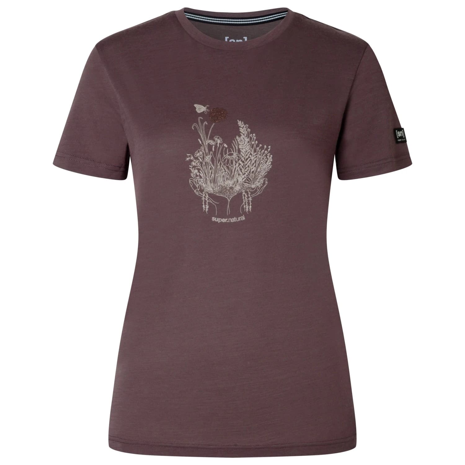 Мериносова блуза super.natural Women's Flowerhands Tee Merino shirt - Raisin / Feather Grey / Copper